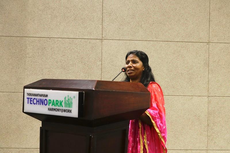 Ms. Dhanuja Kumari, author and sanitation worker from the Chenkalchoola slum settlement in Thiruvananthapuram - special guest at the Women's Day celebrations at Park Centre.