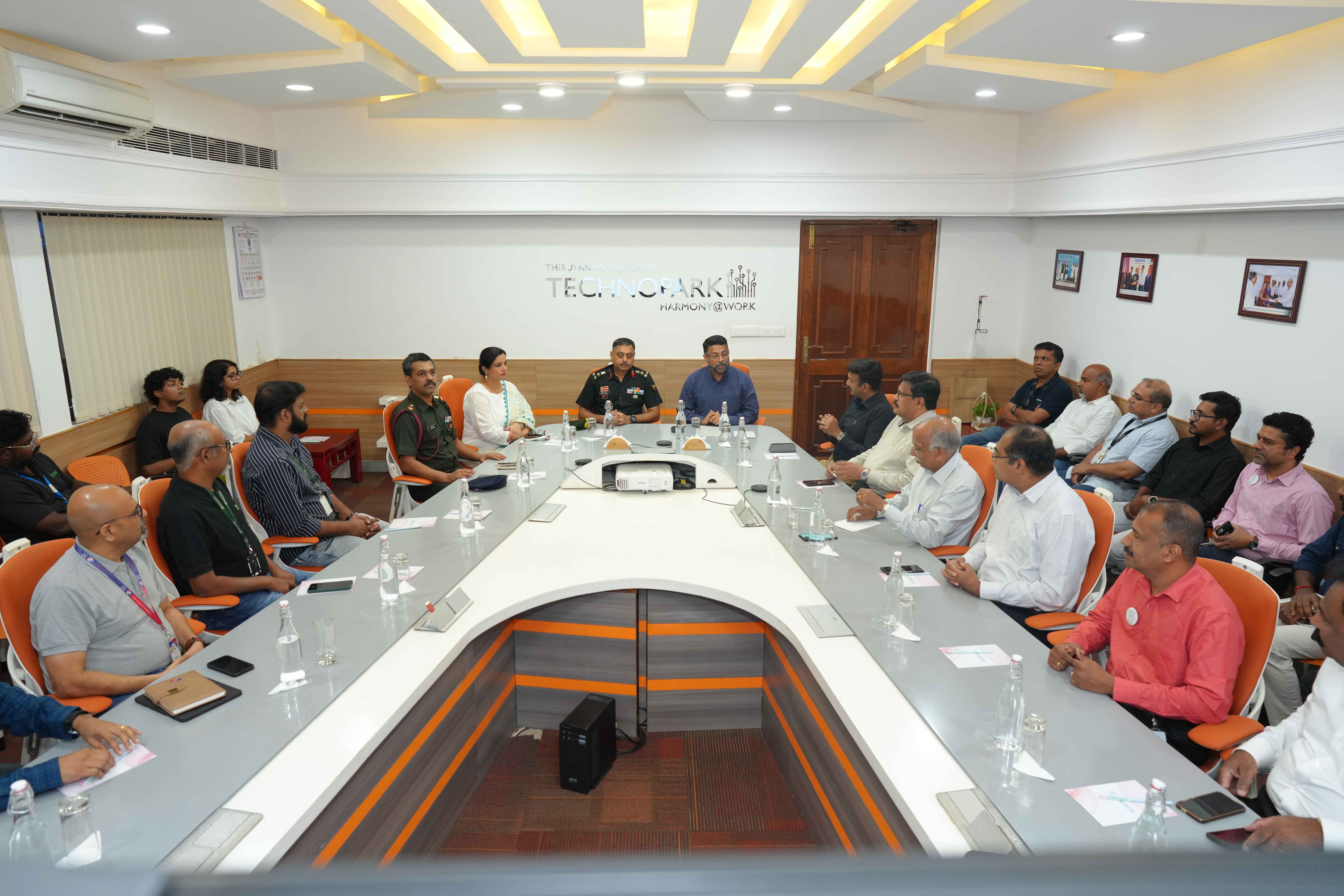 Delegation from Thiruvananthapuram Military Station, comprising Brigadier Anurag Upadhyaya and Lt Col Arun Sathyan, at Technopark to explore potential collaborations in the area of defence innovation.