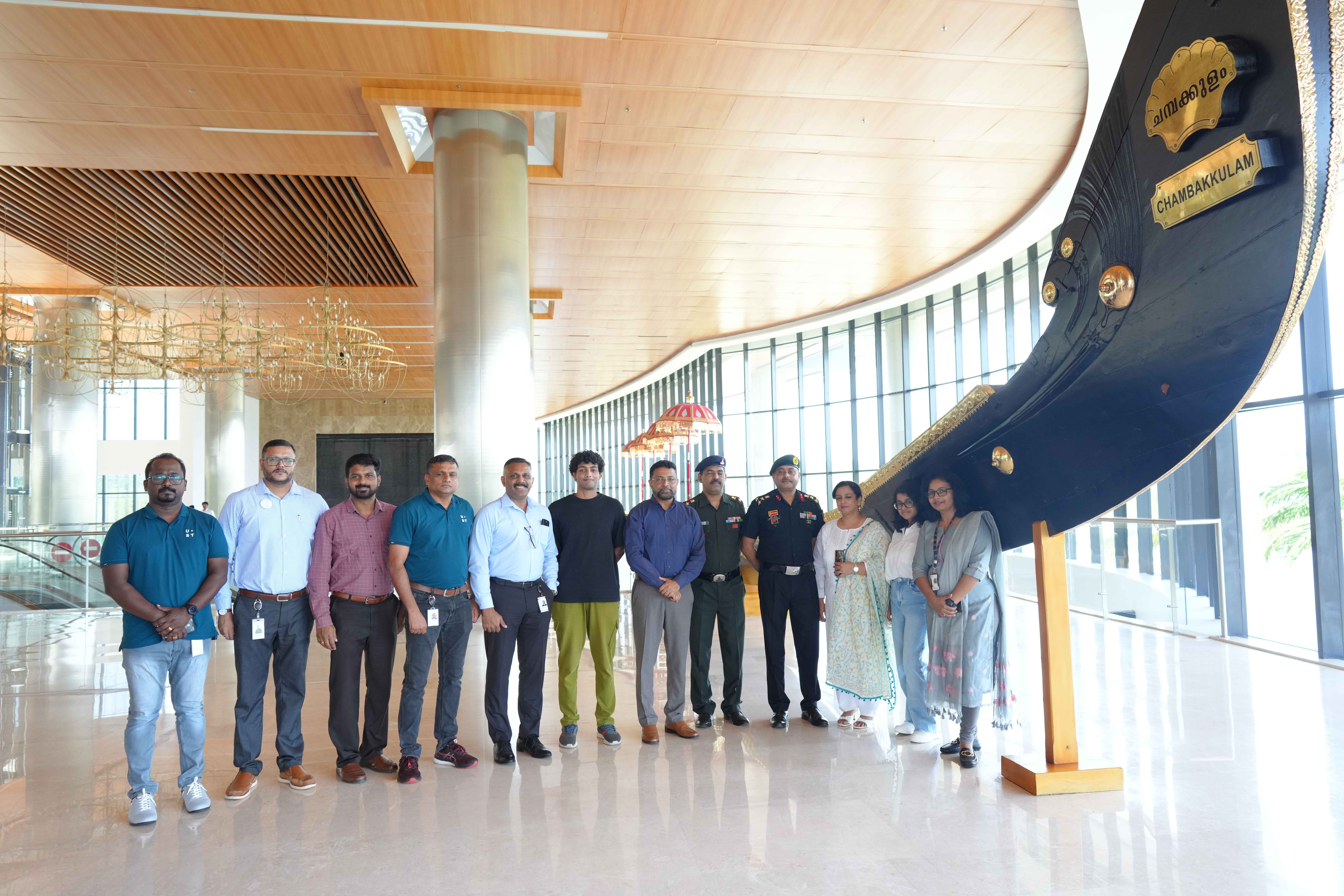 Brigadier Anurag Upadhyaya and Lt Col Arun Sathyan, who visited Technopark, seen here with Col Sanjeev Nair (Retd), CEO Technopark, and other officials from Technopark and UST Global.