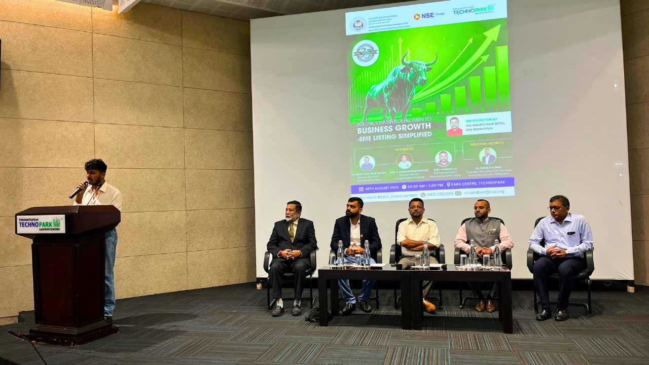 Workshop for SMEs on the NSE listing process, conducted by Technopark, in association with the Institute of Chartered Accountants of India (ICAI)–Thiruvananthapuram Branch, and National Stock Exchange of India (NSE).
